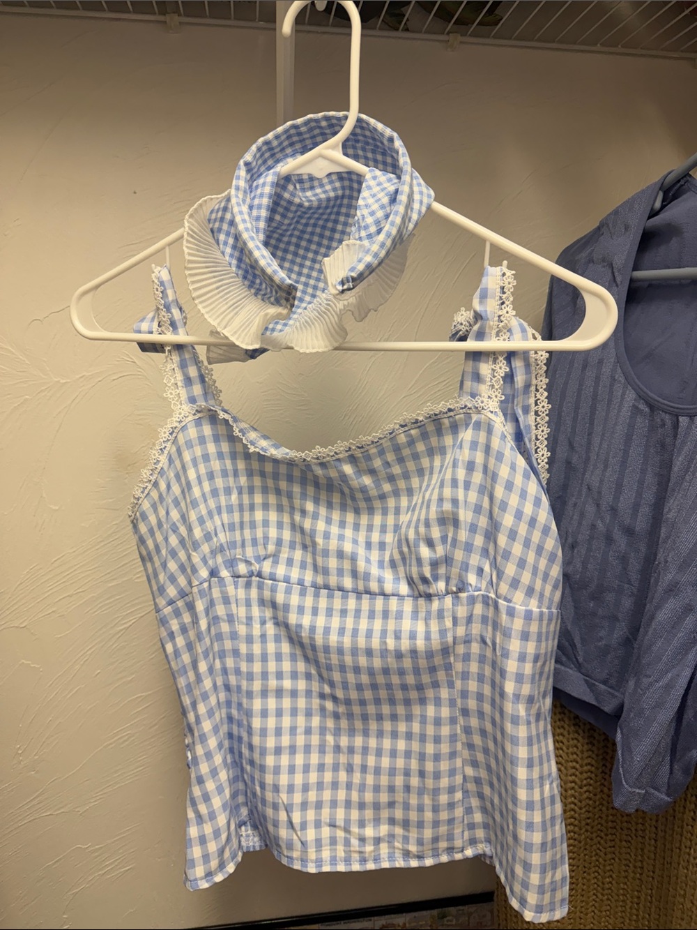 Girls' Blue Gingham One-Piece Romper with Ruffled Collar